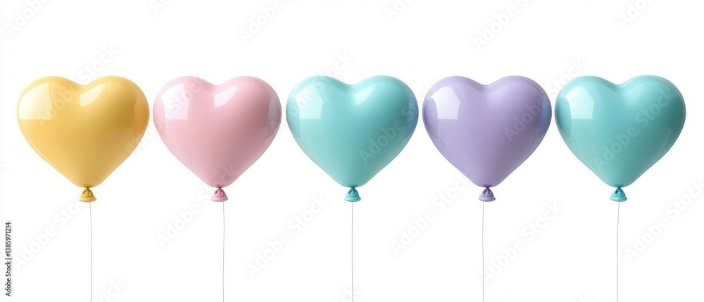 Poster pastel heart balloons floating in a row against white backdrop rendering a romantic and playful mood