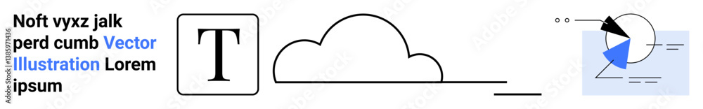 Aufkleber uppercase text block, cloud icon, pie chart with arrows and segments, abstract shapes. ideal for edu