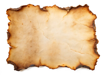 Burnt parchment paper with singed edges on white, ideal for fantasy designs or vintage scroll mockups.