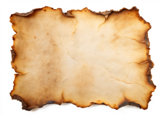 Burnt parchment paper with singed edges on white, ideal for fantasy designs or vintage scroll mockups.