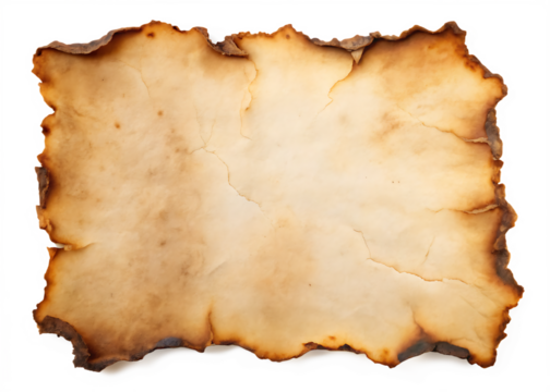 Burnt parchment paper with singed edges on white, ideal for fantasy designs or vintage scroll mockups.