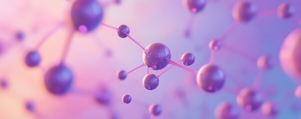 A 3D rendering of a molecule model with purple spheres connected by thin tubes, floating in a soft purple, pink, and blue background.