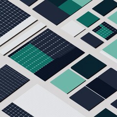 The image features an abstract arrangement of geometric shapes and patterns in various shades of blue and green, creating a visually appealing composition.