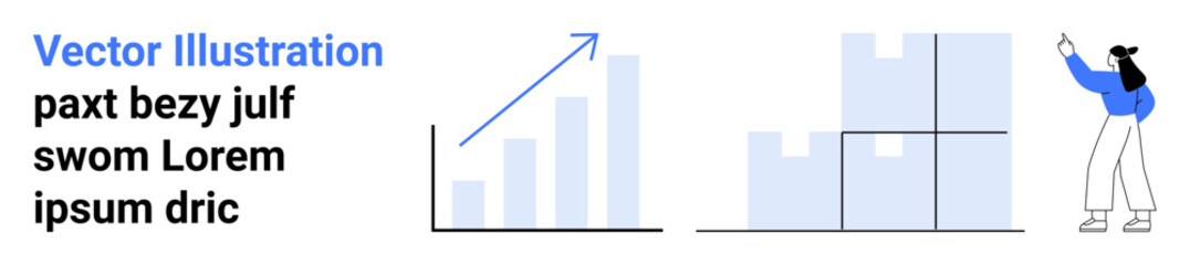 Woman gesturing toward stacked blocks and upward trend chart with blue arrow. Minimalist style. Ideal for business growth, teamwork, strategic planning, data analysis, education, innovation, simple
