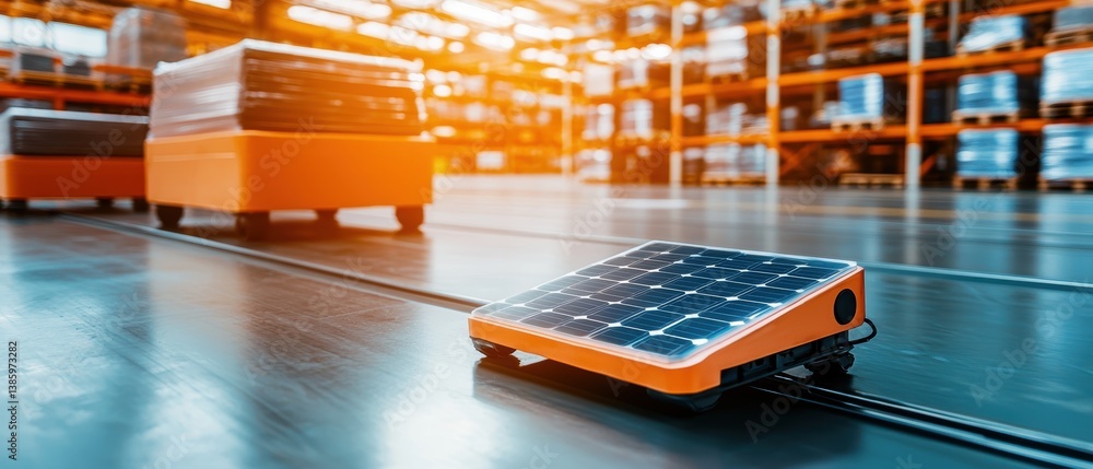 Poster a solar-powered robot cart navigates a warehouse, showcasing advanced technology and automation in l