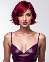 Fototapeta premium studio portrait of a red haired woman with short hair wearing a low cut purple leather top with nude shoulders on a white background, fashion photography