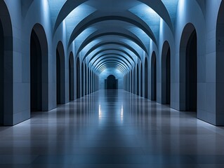 Obraz premium Arched architectural hallway in cool blue tone with polished floor