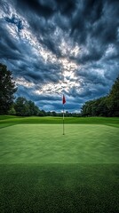 Obraz premium Golf course green with red flag, shadowed by dramatic stormy sky above