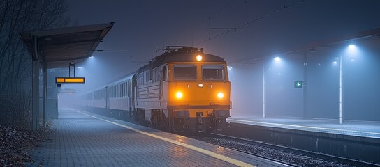 Foggy night at a train station, a locomotive arriving on platform.