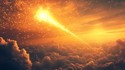 An illuminated celestial body streaking across a cloudy orange sky