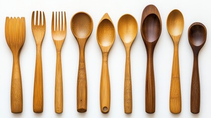 A set of eco-friendly bamboo utensils arranged neatly on a white background
