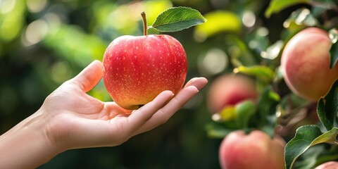 a hand picking an apple from a tree 