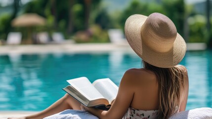 Photo of a woman relaxing with a book by the resort's swimming pool.