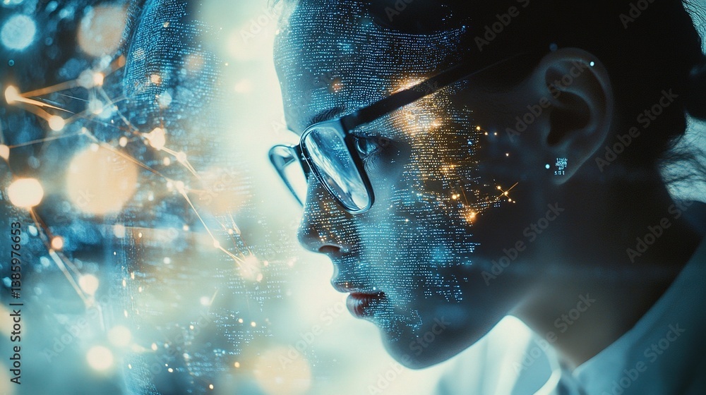 Poster scientist examining data with double exposure effect in laboratory