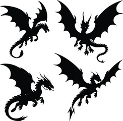 Dragon Flying with Wings Silhouette Set | Flying Dragon, Fantasy Illustration, and Mythological Icon Dragon Flying with Wings Silhouette Set | Fantasy Creature, Mythical Beast, and Dragon Vector Colle