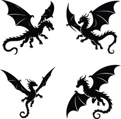 Dragon Flying with Wings Silhouette Set | Flying Dragon, Fantasy Illustration, and Mythological Icon Dragon Flying with Wings Silhouette Set | Fantasy Creature, Mythical Beast, and Dragon Vector Colle