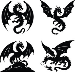 Dragon Flying with Wings Silhouette Set | Flying Dragon, Fantasy Illustration, and Mythological Icon Dragon Flying with Wings Silhouette Set | Fantasy Creature, Mythical Beast, and Dragon Vector Colle