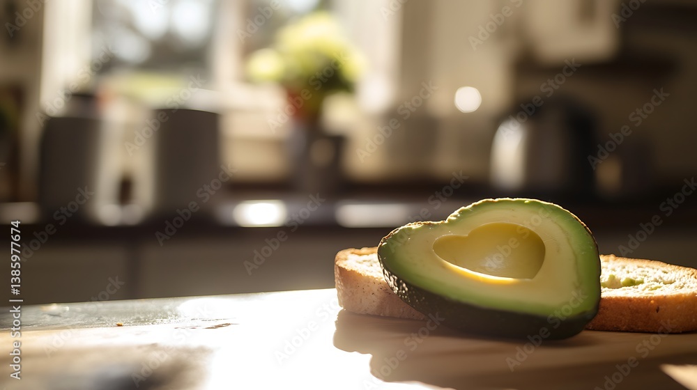 Poster freshly sliced avocado on a piece of toast with soft sunlight streaming through a window in a cozy k