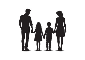 Silhouette of a family of four holding hands, capturing the essence of unity and love Vector