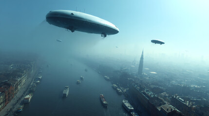 Fototapeta premium A futuristic cityscape featuring airships floating above a misty river, blending modernity with a dreamlike atmosphere.