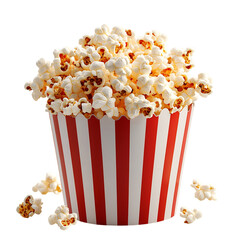 A Fluffy 3D Cartoon Popcorn Bucket Overflowing with Popcorn Isolated on Transparent Background