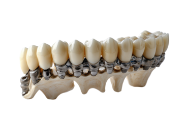 Dental bridge model with porcelain teeth and metal framework precision dentistry implant restoration isolated on transparent background