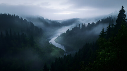 A misty valley with a meandering river surrounded by dense forests and steep hills, with a foggy atmosphere and a soft light filtering through the trees.