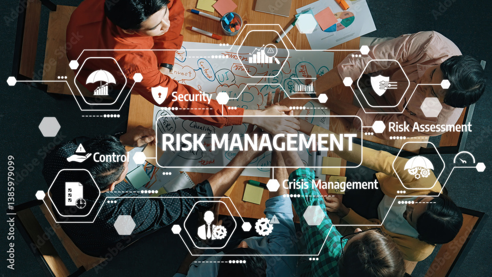 Poster a dynamic team collaborates on risk management strategies, utilizing visual tools and diverse techni