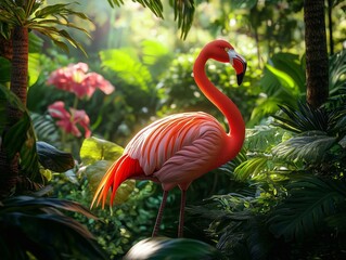 Fototapeta premium A flamingo standing gracefully in a lush tropical garden, surrounded by exotic flowers and green foliage.