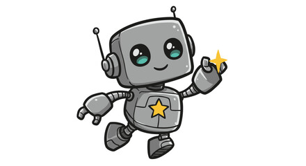 Cute cartoon robot waving with a star on a white background  