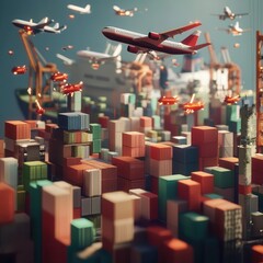 Surreal 3D render of tariff arrows lifting up cargo planes and ships