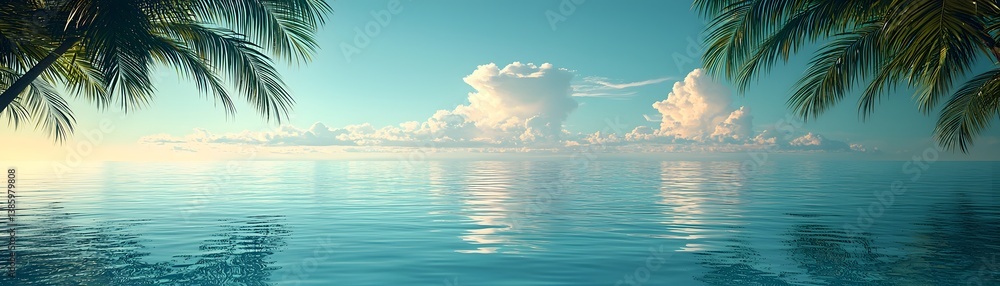 Poster tranquil lagoon framed by swaying palm trees in a serene setting
