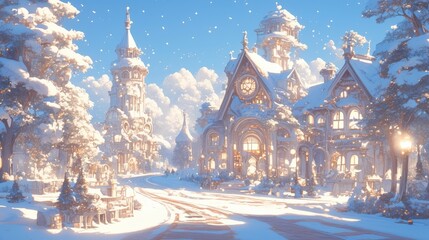 Fototapeta premium Snowy village scene with ornate buildings, bathed in soft, bright light