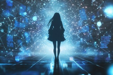 An anime girl with long blue hair wearing headphones and speaking into a microphone while streaming online.