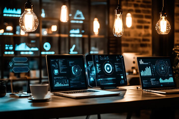 Futuristic Office Workspace – Laptops with Holographic UI, Data Analytics & AI Tech Elements