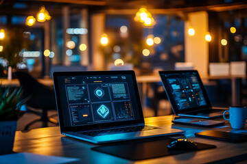 Futuristic Office Workspace – Laptops with Holographic UI, Data Analytics & AI Tech Elements