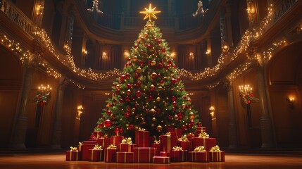 Grand Christmas: A Majestic Tree with Red and Gold Ornaments and Gifts