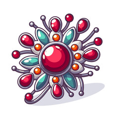 Vector art of decorative brooch with red gemstones and turquoise accents. Ideal for jewelry catalogs, vintage accessories, and elegant fashion collections.