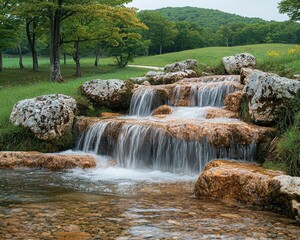 Serene Waterfall Cascading Through Rocks in a Lush Green Landscape