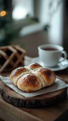 Cozy Breakfast Setting with Homemade Pastries and Freshly Brewed Coffee: Gourmet Baked Goods and Tea Time Comfort Food on Wooden Board