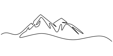 Continuous line drawing of mountain ridge landscape. Web banner with high mounts and peaks in simple linear style. Adventure winter sports ski and hiking concept. Vector illustration. 