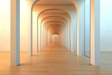 Obraz premium Modern architectural corridor with arches and wooden flooring in bright light