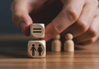 Gender Equality Concept Hand Holding Dice with Equal Sign, Male, Female Symbols, Wooden People.