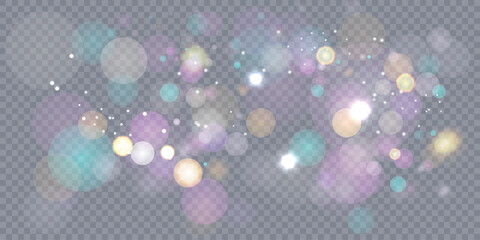 Sparkling glare light effects with colorful shimmer. Beautiful lens flare effect with bokeh, glittery particles and rays. Shining abstract background. Vector illustration