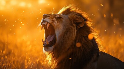 Majestic lion roaring at sunset in the golden savanna landscape