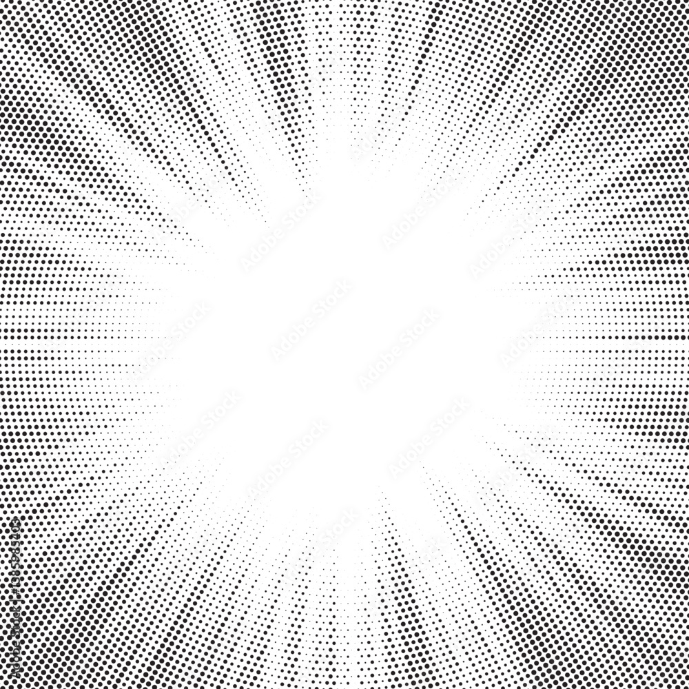 Poster Halftone gradient sun rays pattern. Abstract halftone vector dots background. monochrome dots pattern. Vector background in comic book style with sunburst rays and halftone. Retro pop art design.	