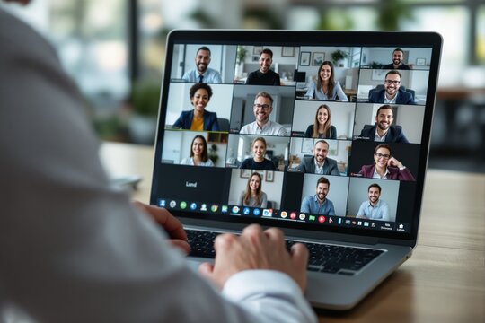 Business team members on a video call displayed on a laptop screen, realistic style, indoor office background, concept of remote work and collaboration, Ai generative