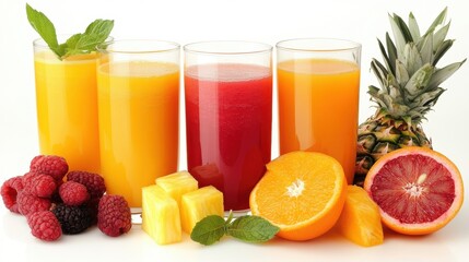 A close-up of a glass of tropical fruit juice with mango, pineapple, and orange, on a white background