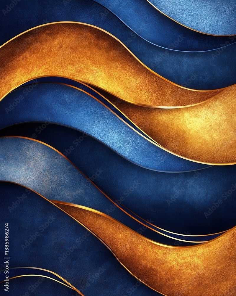 Poster abstract flowing design with dynamic gold and blue waves creating a luxurious and modern background