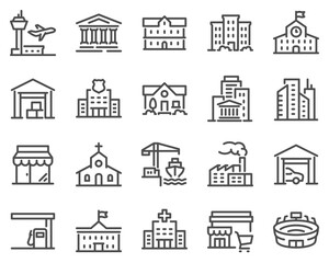 Fototapeta premium Simple Set of Buildings Related Vector Line Icons. Contains such Icons as Church, Sport Stadium, Medical Hospital and more.